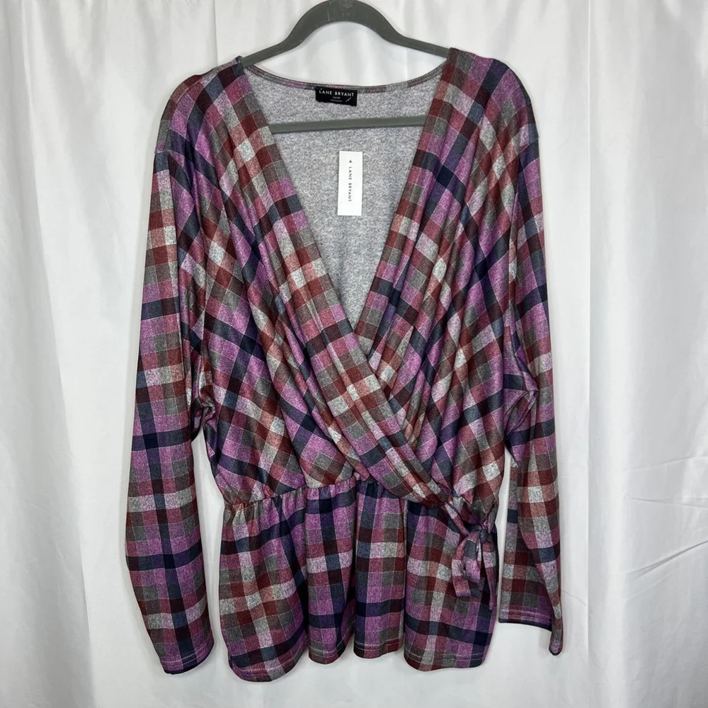 LANE BRYANT Women’s Classic Faux-Wrap Plaid Top Long Sleeve Shirt Size 26-28/4X